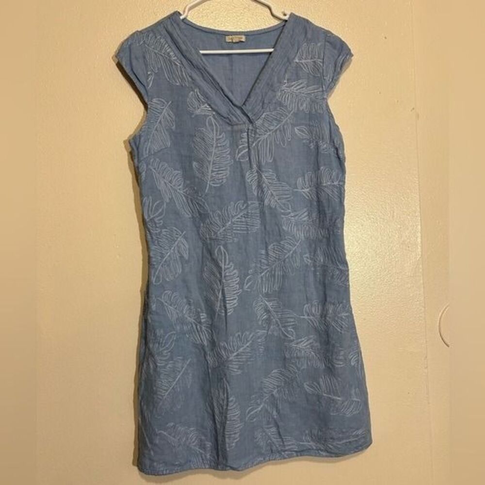 Lina Tomei Blue Italian Linen Embroidered Sequin VNeck Cap Sleeve Dress Size L